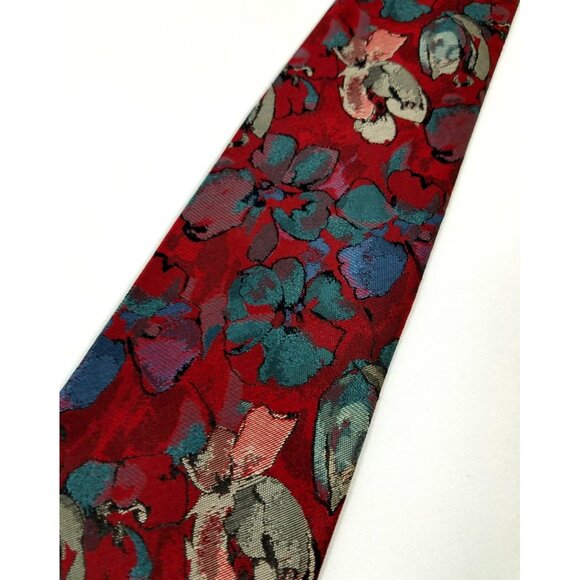 Oscar De La Renta Mens Necktie floral red background Teal Flowers tie - Picture 2 of 6